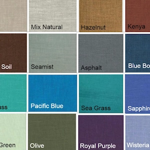 May include: A grid of fabric swatches in various colors, each labeled with a name. Colors include Biscotti, Mix Natural, Hazelnut, Kenya, Potting Soil, Seamist, Asphalt, Blue Bonnet, Sea Glass, Pacific Blue, Sea Grass, Sapphire, Spring Green, Olive, Royal Purple, and Wisteria.
