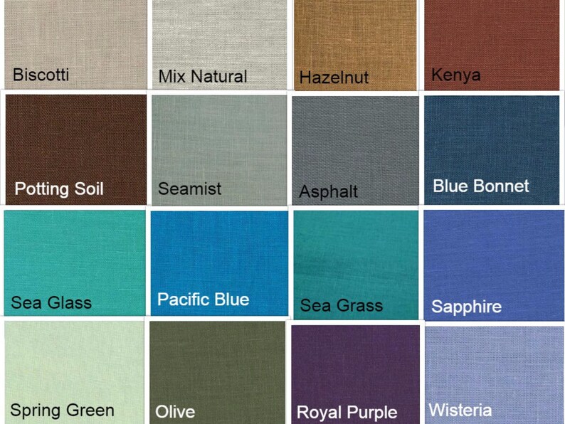 May include: A grid of fabric swatches in various colors, each labeled with a name. Colors include Biscotti, Mix Natural, Hazelnut, Kenya, Potting Soil, Seamist, Asphalt, Blue Bonnet, Sea Glass, Pacific Blue, Sea Grass, Sapphire, Spring Green, Olive, Royal Purple, and Wisteria.
