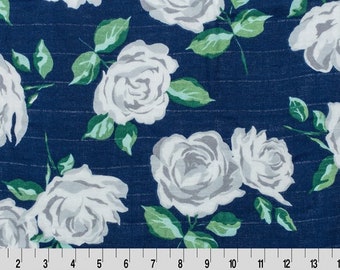 NQP. Double Gauze Fabric/ Cotton Gauze/  Embrace Shannon Fabrics Navy w Roses