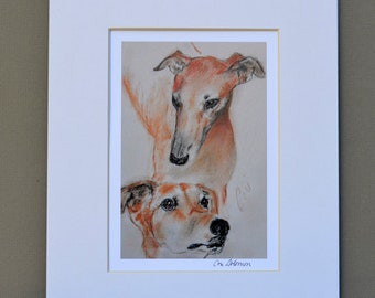 Two Greyhounds Dog Art Print Signed and Matted By Cori Solomon