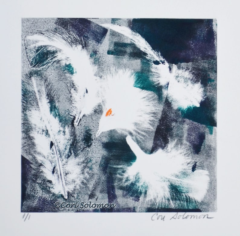 Original abstract Monotype using feathers to create this blue and white artwork © Cori Solomon