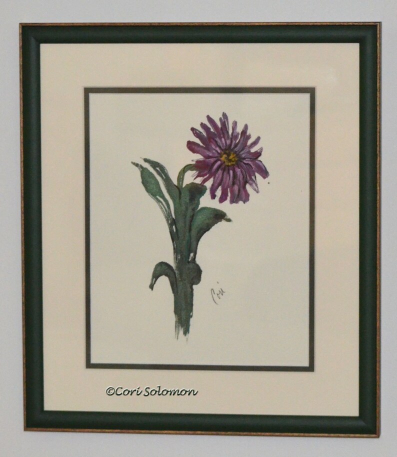 Purple Daisy Flower original Monotype that is framed in a green frame and double matted with green trim. © Cori Solomon