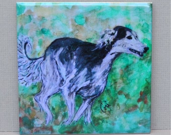 Grizzle Saluki Running in the Grass Dog Art Tile Coaster By Cori Solomon