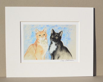 Two Cats Black Cat Orange Cat Art Signed Matted Print By Cori Solomon