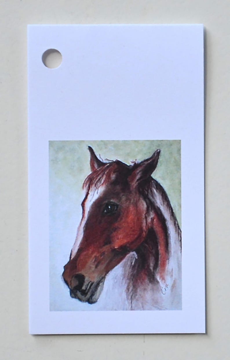 May include: A watercolor painting of a brown horse's head with a white star on its forehead. The horse is looking to the left of the image.