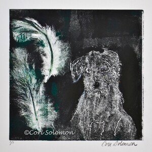 Abstract Feather Art with a Shaggy Dog Hand Pulled Print Monotype By Cori Solomon