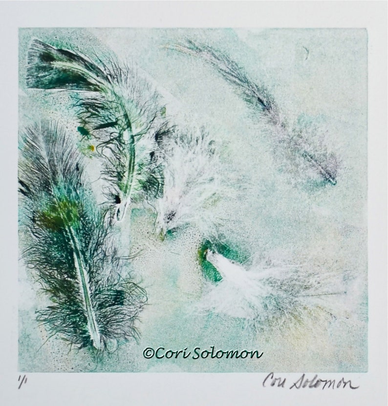 Original Monotype Hand-Pulled Print Abstract Art with feathers © Cori Solomon