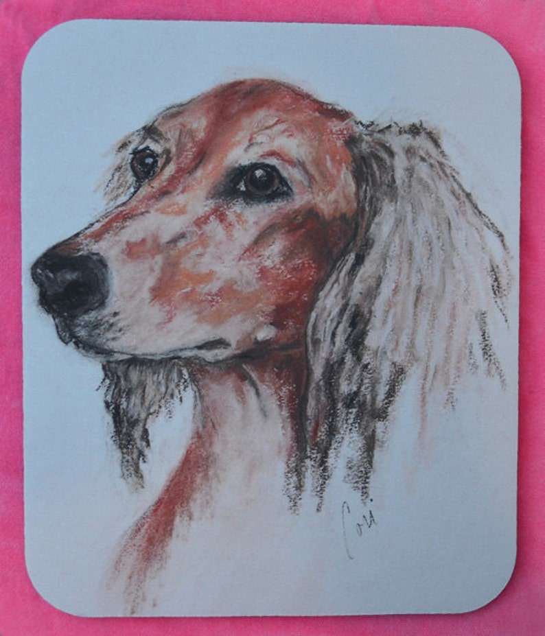 Black Fringed Red Saluki Dog Art Mouse Pad by Cori Solomon
