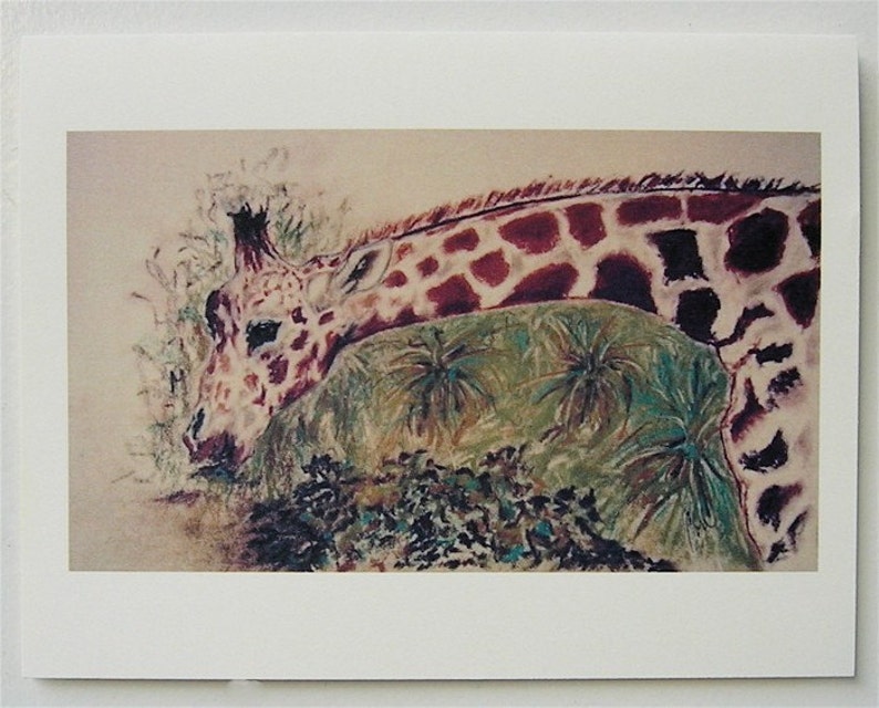 Giraffe leaning over to eat with landscape background note cards © Cori Solomon