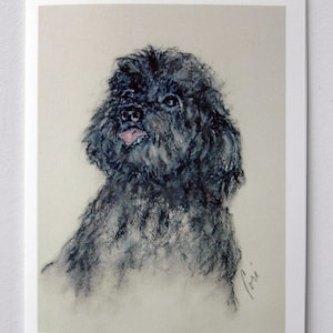 May include: A black and white drawing of a small, fluffy dog with its tongue sticking out. The dog is looking up and to the right. The drawing is done in a loose, expressive style.