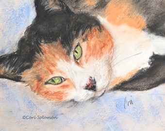 Calico Cat Art Original Pastel Drawing Matted and Framed By Cori Solomon