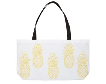 PINEAPPLE DREAMS Weekender Tote Bag - Tropical Design | Luxury Travel | Large Beach Bag | Monstera Striped Print | Unique Luggage | Island