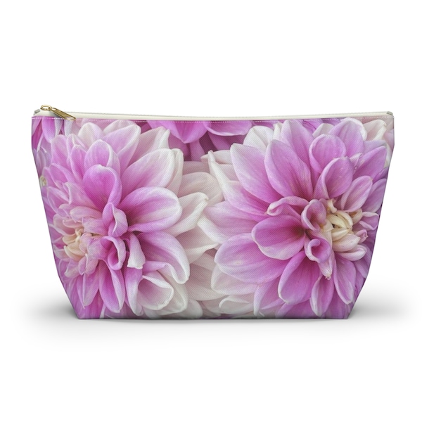 COTTON CANDY Dreams Dahlia Accessory Pouch w/T-Bottom - Pink & White | Cosmetic Bag | Feminine Floral Tote | Luxury Travel and Home