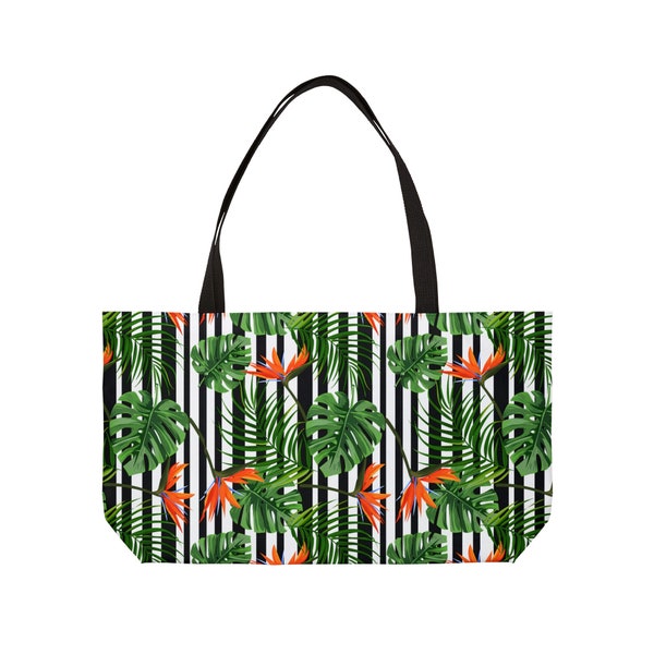 PINSTRIPE PARADISE Weekender Tote Bag - Tropical Design | Luxury Travel | Large Beach Bag | Monstera Striped Print | Unique Luggage