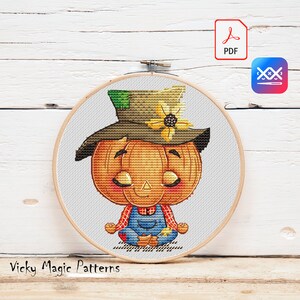 Cross stitch pattern PDF "Zen pumpkin" Halloween funny scarecrow VickyMagicPatterns embroidery chart instant
