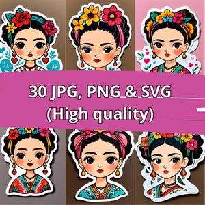 Frida Kahlo Cartoon Sticker Pack – 30 Images in JPG, PNG (Transparent), and SVG – Perfect for Sublimation and Romantic Decor