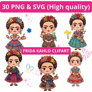 Puede incluir: Una colección digital de 30 archivos PNG y SVG titulada FRIDA KAHLO CLIPART. La imagen presenta seis ilustraciones distintas de un personaje con una corona floral, cabello oscuro trenzado y ropa tradicional colorida con paletas de pintura.