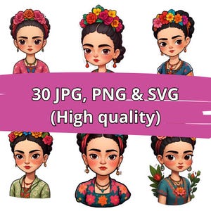 30 Frida Kahlo Stickers - Cartoon Style - JPG, PNG and SVG for Sublimation and Decoration