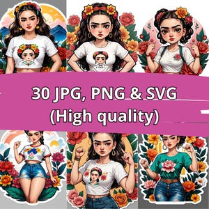 Stickers: Moderne Frida Kahlo-kunst - Levendig ontwerp met bloemen- en natuurelementen - 30 JPG, PNG (transparant) en SVG