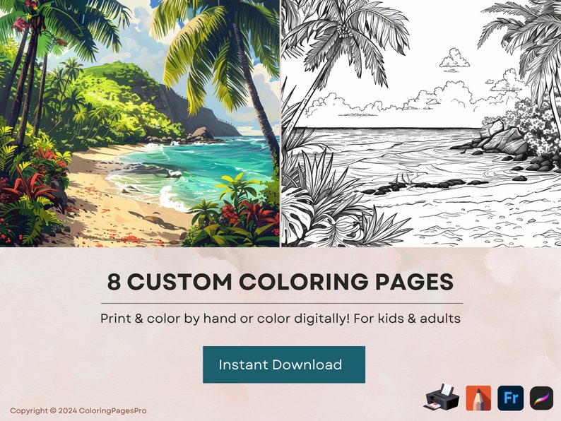 Tropical Beach Coloring Pages for Adults and Kids - Instant Download ...