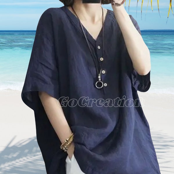 Summer Women Blouses Casual V neck Loose Linen Shirt Cotton Tunic Tops Tees Half Sleeve Top for Women Oversized Shirt Gift For Her Mom