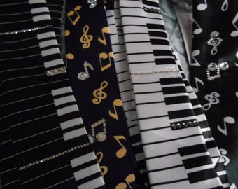 Music Themed (Piano/Music Note) Skinny Crystal Rhinestone Tie