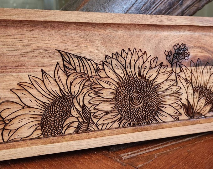 Sunflowers Laser Engraved Acacia Wood Trinket Tray Spoon Etsy