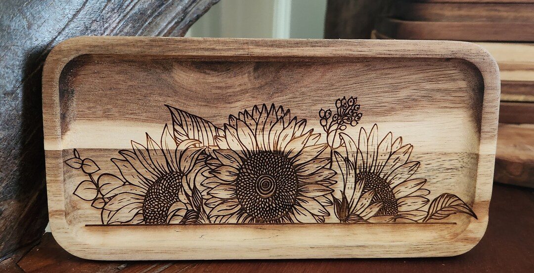 Sunflowers Laser Engraved Acacia Wood Trinket Tray Spoon Etsy