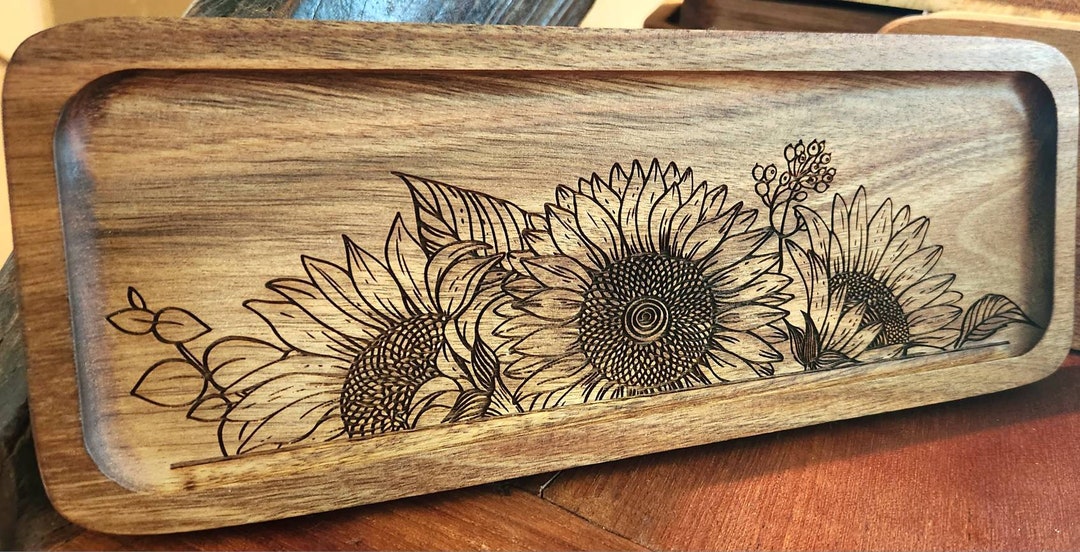 Sunflowers Laser Engraved Acacia Wood Trinket Tray Spoon Etsy