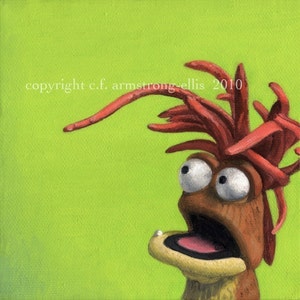 May include: A cartoon character with red hair and a wide open mouth. The character has large, white eyes and a brown body. The background is a solid green colour. The text "copyright c.f. armstrong-ellis 2010" is visible in the bottom left corner of the image.