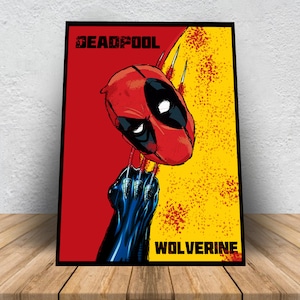 May include: A red and black illustration of Deadpool with the text "DEADPOOL" above him and "WOLVERINE" below him. The background is yellow with red and black splatters.