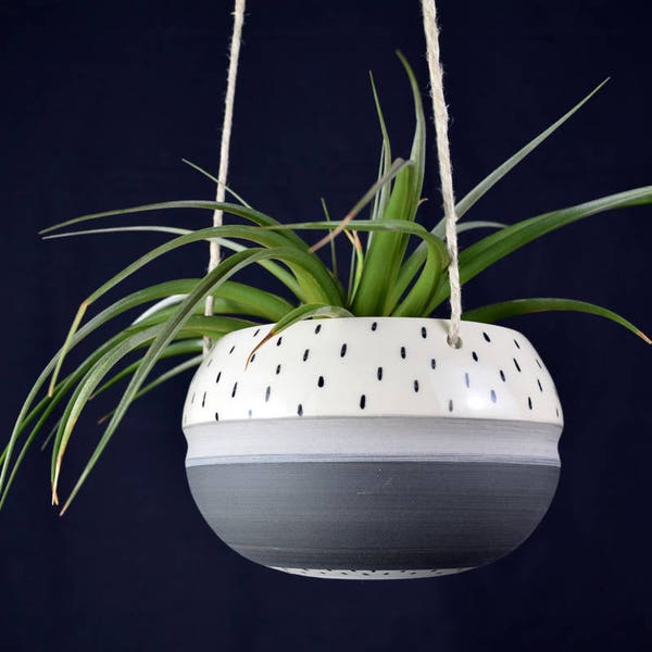 Minimal Greyscale Planter // Grey, Black and White Hanging Planter with Dots // Handmade Ceramic Hanging Planter // Ready to Ship