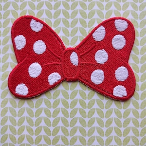 Red Polka Dot Bow Embroidered Patch - Iron On Applique (3x2)