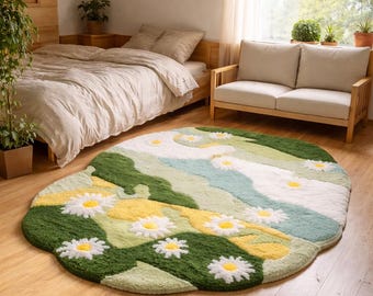 Handmade Organic Wool Blend Daisy Rug, Moss Tufted Floral Carpet, Living Room Decor