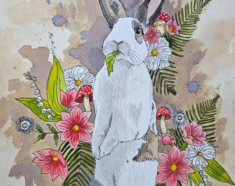 8x10 watercolor cute bunny art Print rabbit