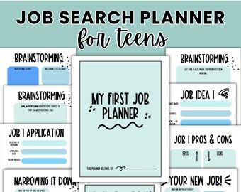 Könnte beinhalten: Ein druckbarer Jobsuchplaner für Teenager, mit einem hellblauen und weißen Farbschema. Der Planer enthält Abschnitte für Brainstorming, Bewerbung, Eingrenzung der Auswahl und eine Glückwunschseite. Der Text "Mein erster Jobplaner" ist auf dem Cover abgebildet.
