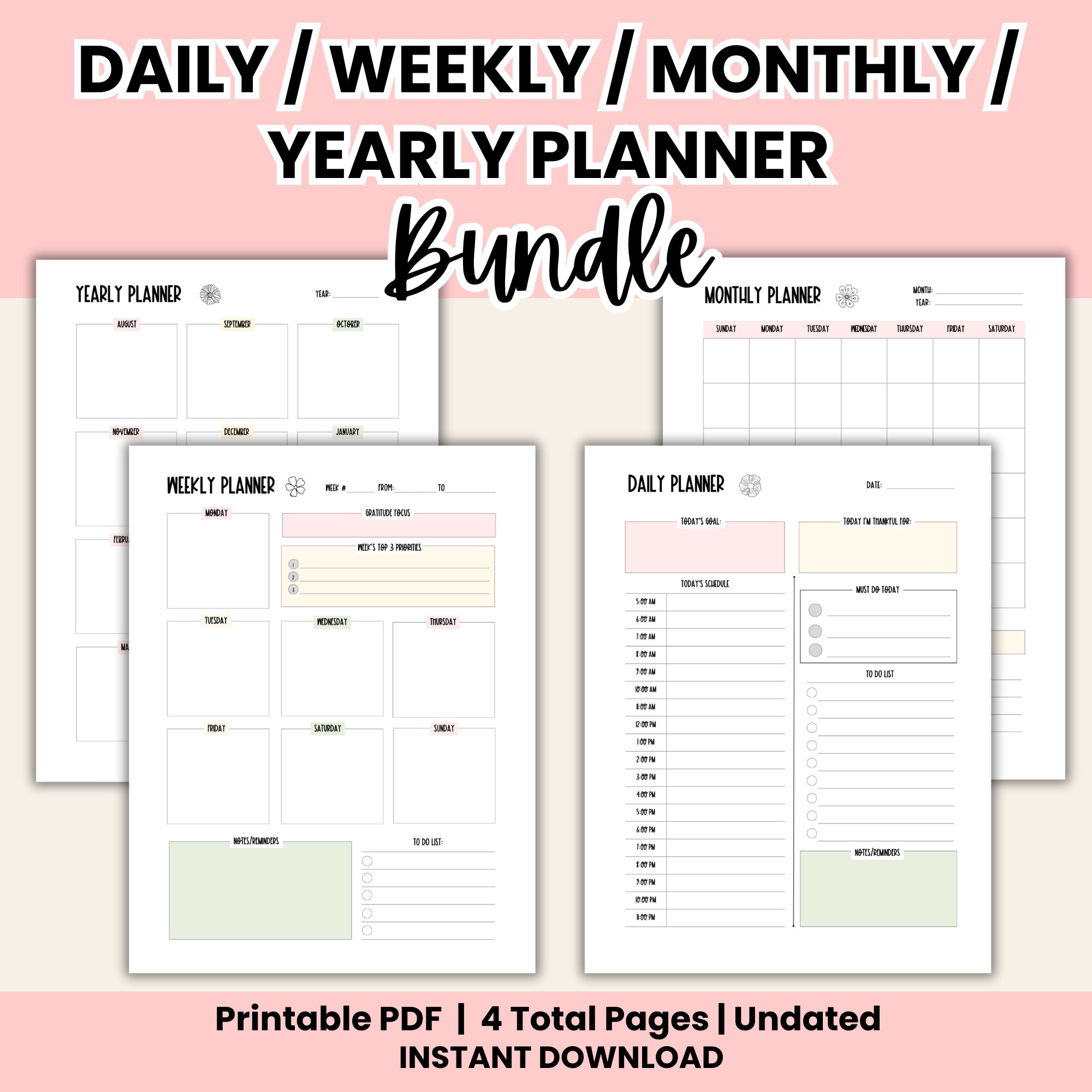 Printable Planner Bundle: Daily, Weekly, Monthly, Yearly (PDF) - Etsy