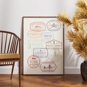 Arte mural con sello de pasaporte vintage / Póster de sello de viaje / Impresión de ciudades del mundo / Decoración para amantes de los viajes / Regalo para amantes de los viajes / Descarga digital