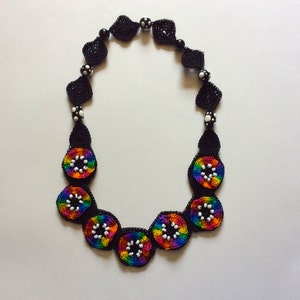 Crocheted Rainbow Circles and Black Squares Necklace with Beads