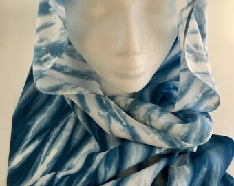 Indigo Shibori Bamboo Rayon Long Scarf Pipe Wrapped