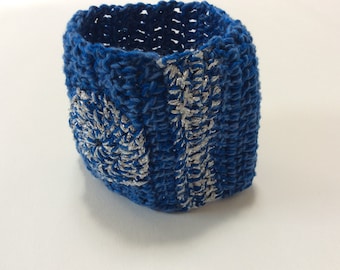 Crocheted Cuff Bracelet with Circle and Stripe in Blue and Silver