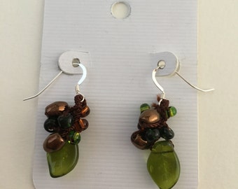 Crocheted and Beaded Cluster Drop Earrings in Brown, Green and Bronze