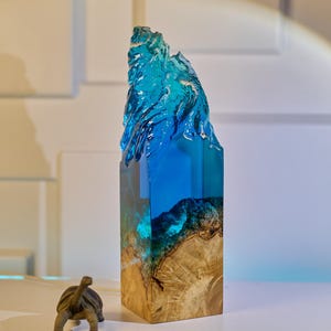 Ocean Wave Resin Lamp with Robusta Coffee Burl Wood – Handmade Natural Art Light