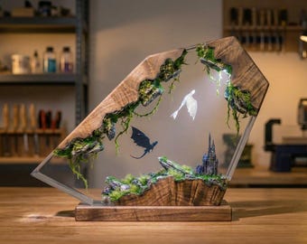 Handcrafted Resin Dragon Lamp – Night Fury Light Fury Diorama, Fantasy Decor