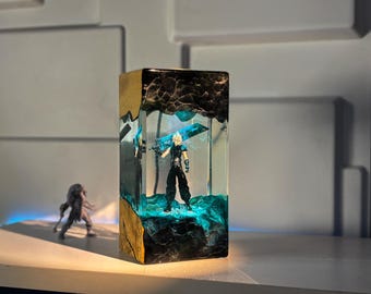 handmade cloud strife resin lamp, final fantasy gift, anime led night light, collector resin art, gamer room decoration