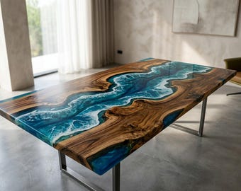 Op de afbeelding: Een rechthoekige eettafel met een houten blad met natuurlijke randen en een centraal rivierontwerp van blauwe en witte epoxyhars. De tafel heeft een gladde, glanzende afwerking en rust op een stevig, U-vormig metalen onderstel.