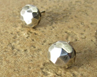 Faceted Sterling Silver Nugget Stud Earrings, Rustic, Minimalist Earrings, Argentium Silver Studs