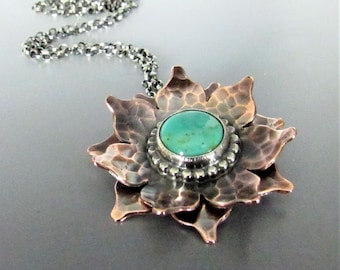 Copper And Sterling Silver Turquoise Lotus Necklace, Mixed Metal Flower Pendant, Metalsmith Jewelry By Mocahete