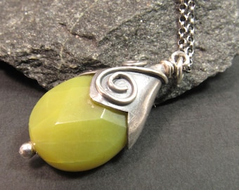 Large Argentium Sterling Silver Faceted Serpentine Pendant Necklace