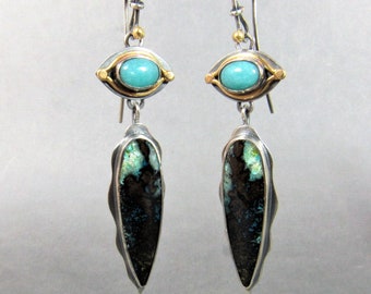 Opalized Wood, Amazonite, Argentium Sterling Silver And 18 Karat Gold Pendulum Earrings, One Of A Kind Artisan Jewelry